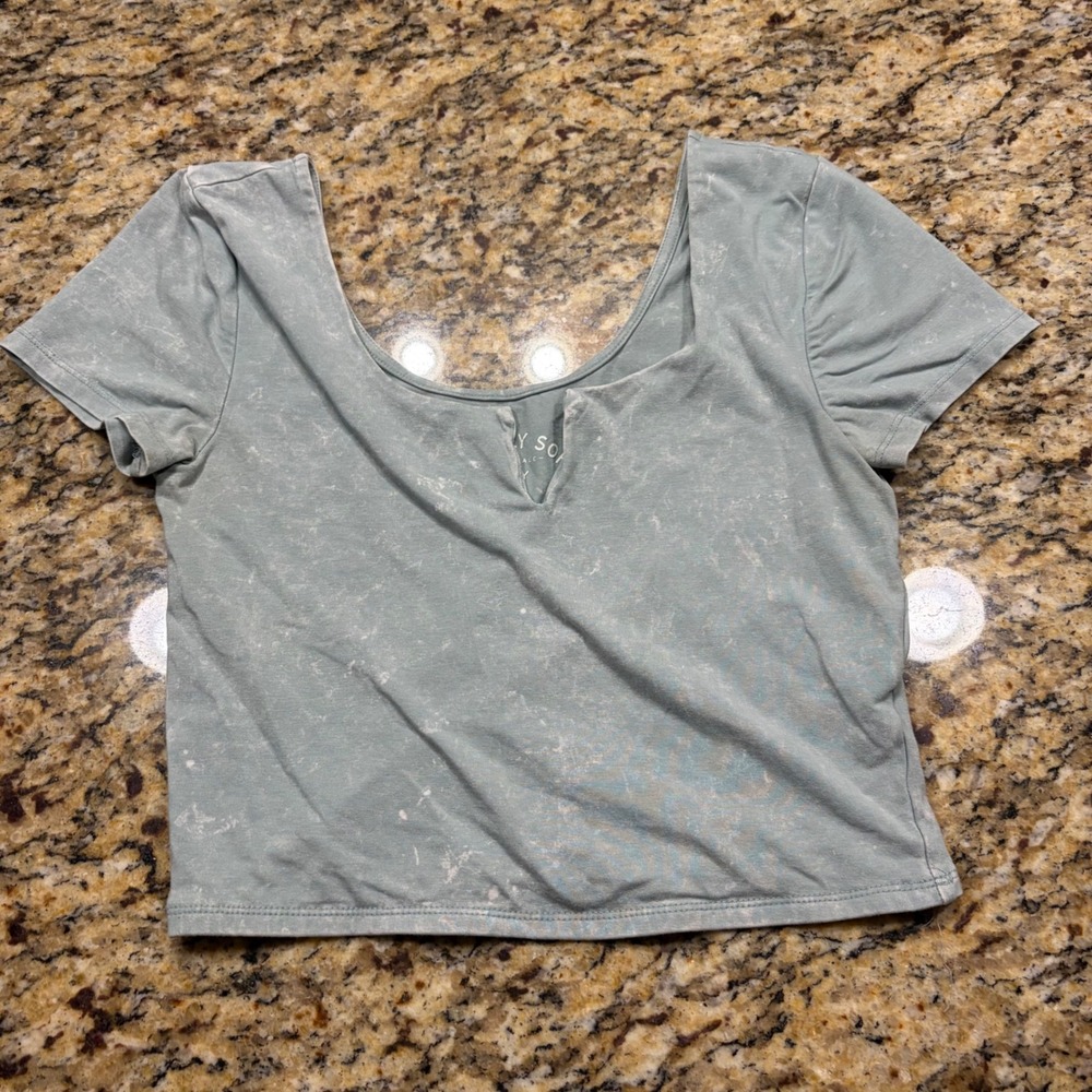 Aeropostale Seriously Soft Baby Tee Sage Green Acid Wash Notch Neck Crop Top M